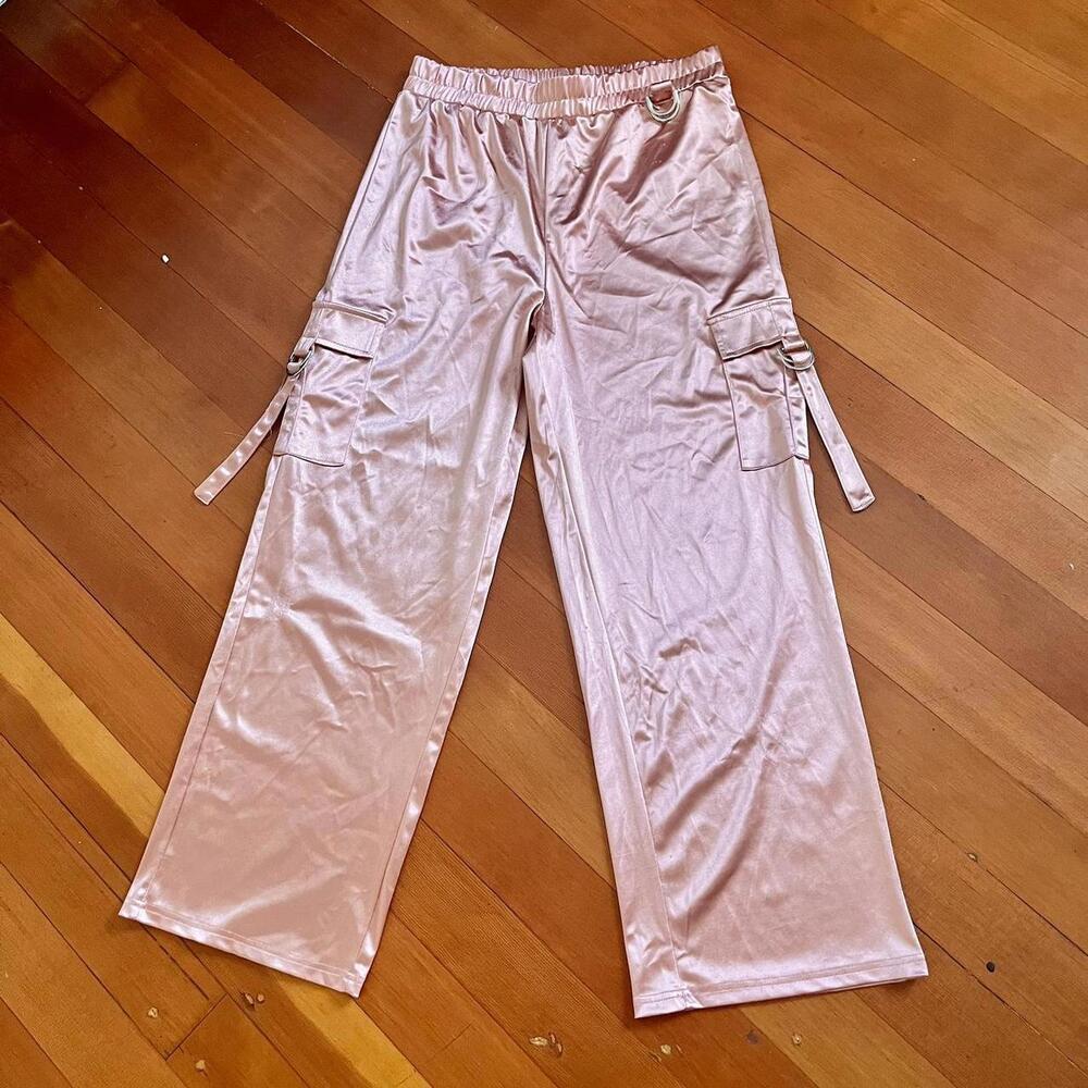 Vintage 90s Y2K Satin Style Women's Pink Cargo Pants, Size XL